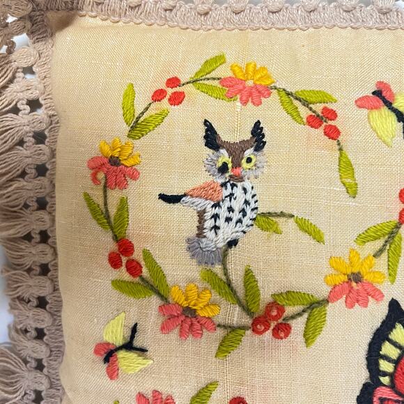 Vintage Crewel Embroidered Throw Pillow, Woodland Needlepoint - Picture 6 of 10